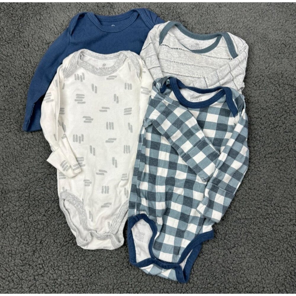 Honest Company 3-6 Bodysuits Baby Boy Long Sleeve Organic Set 4  Blue White Gray